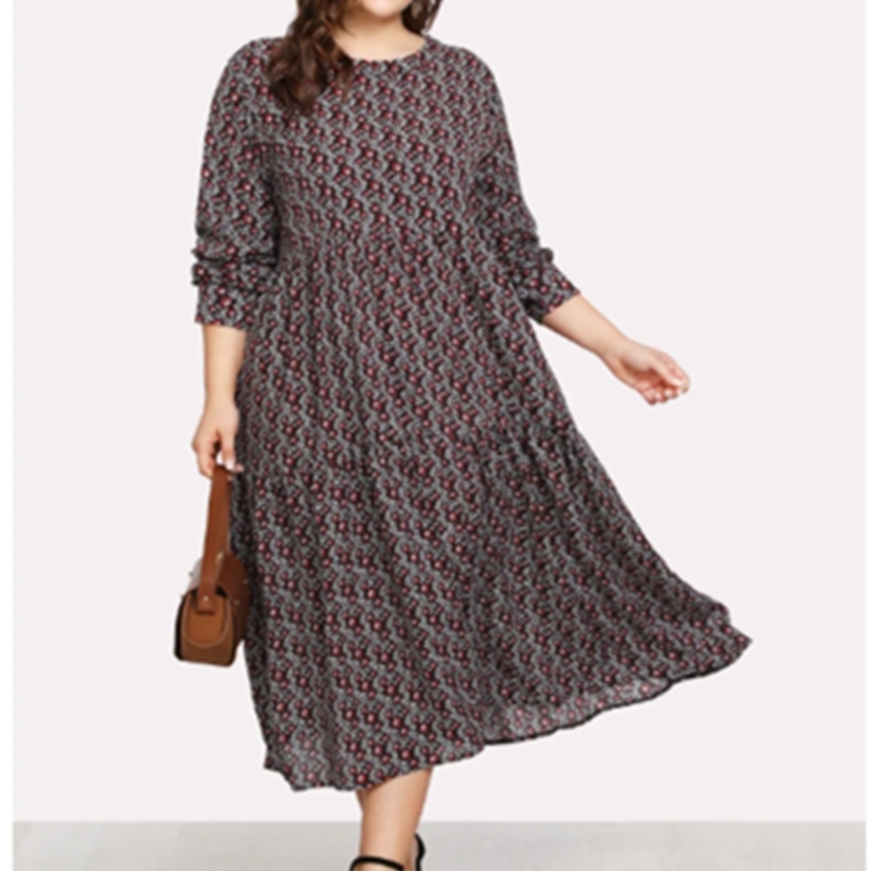 Plus Size 4XL O-Neck Women Print Flowers Shirt Fall Fashion Vintage Long Sleeves Good Quality Female Dress D7N705A 210416