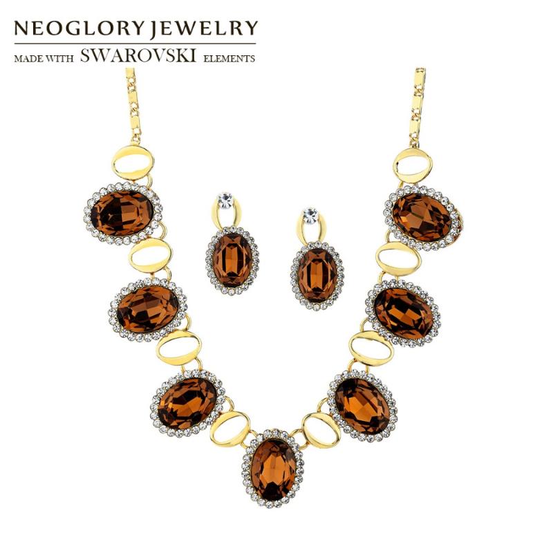 Earrings & Necklace Neoglor Austria Crystal Rhinestone Jewelry Set Oval Shaped Party Vintage Style Coffee Color, As pic 
Earrings & Necklace Neoglor Austria Crystal Rhinestone Jewelry Set Oval Shaped Party Vintage Style Coffee Color, As pic