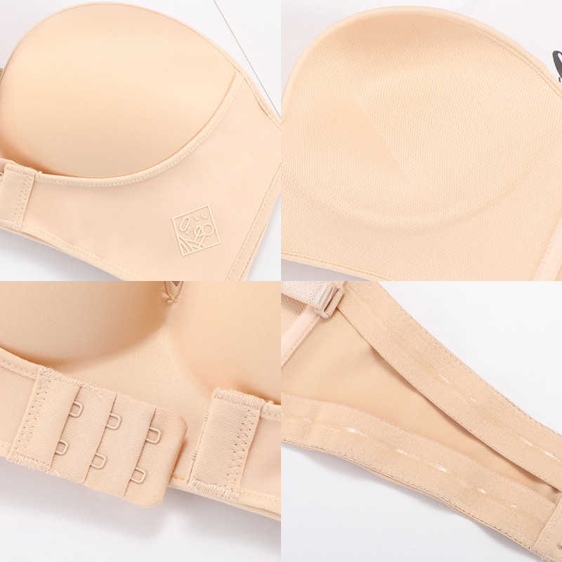 New strapless non-slip female underwear small chest thickened front three rows of buckles gathered invisible push up bra 201021