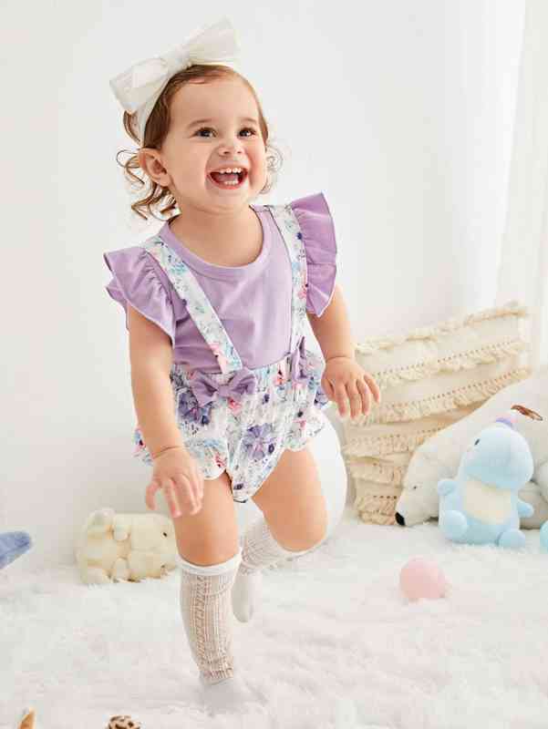 Baby Ruffle Trim Tee & Floral Print Bow Front Suspender Shorts SHE
