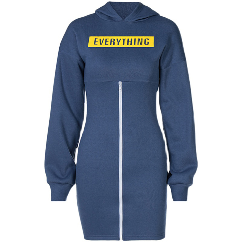 Free Spring Women Hooded Sweater Dress Fashion Long Sleeve Letter Zipper Casual Intage Sports Vestidos 210524
