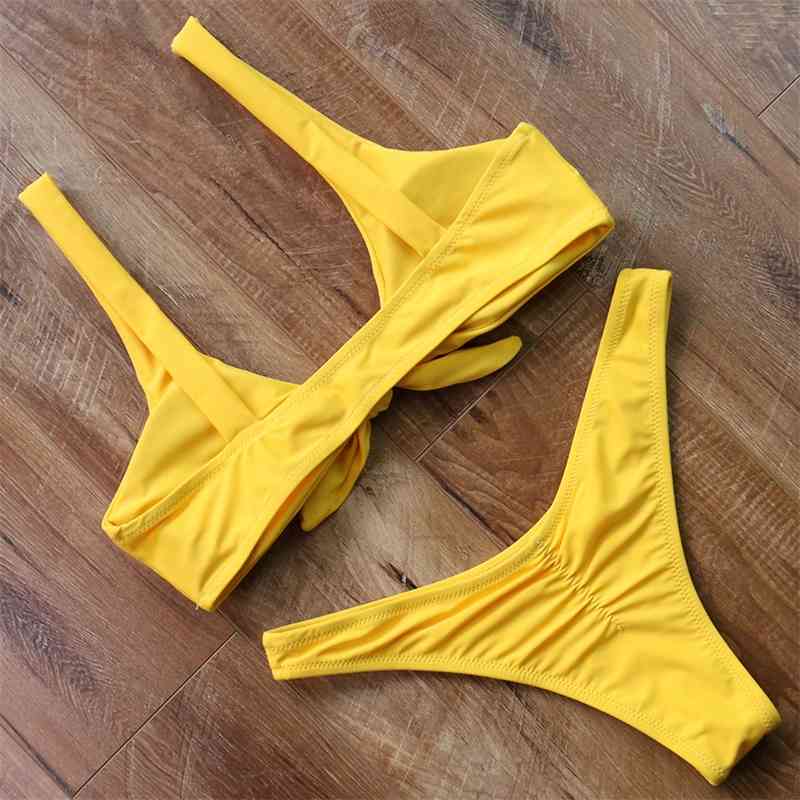 Sexy Tie Knot Front Bikini Push Up Swimsuit Bikini Set Bandage Swimwear Yellow Thong Bathing Swimming Suit Q190518