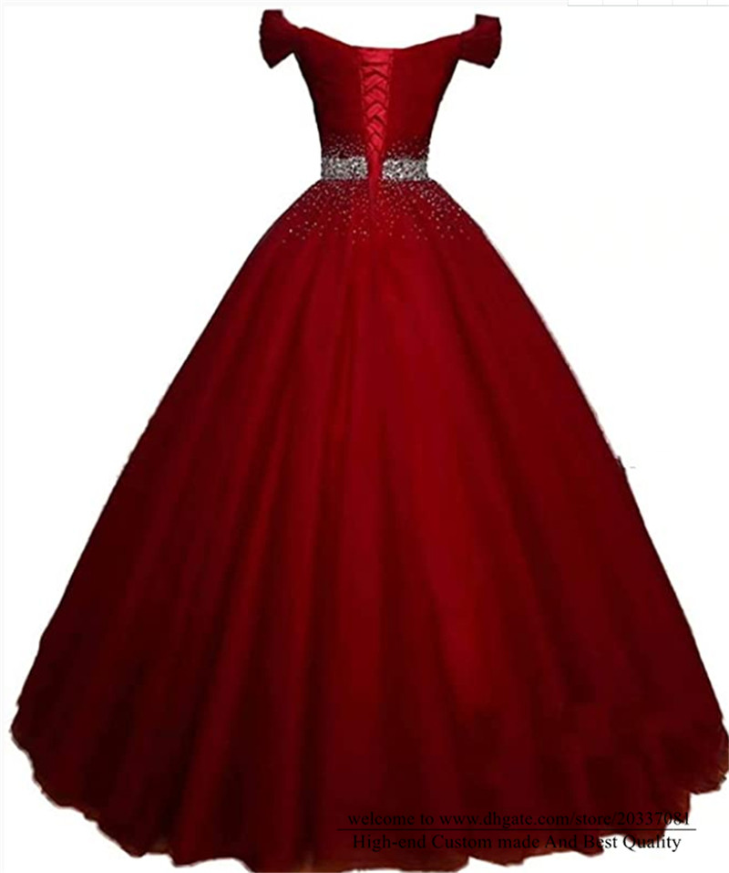Sweety Sexy Sweetheart Crystal Red Ball Gown Formal Evening Dresses Ruffles Tulle Lace Up Cocktail Prom Party Gowns E23