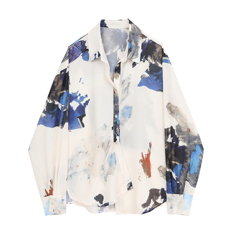 Mountains And Rivers Print Long Sleeve Blouse Women White See Through Collar Shirt Casual Korean Fashion Clothing 210427