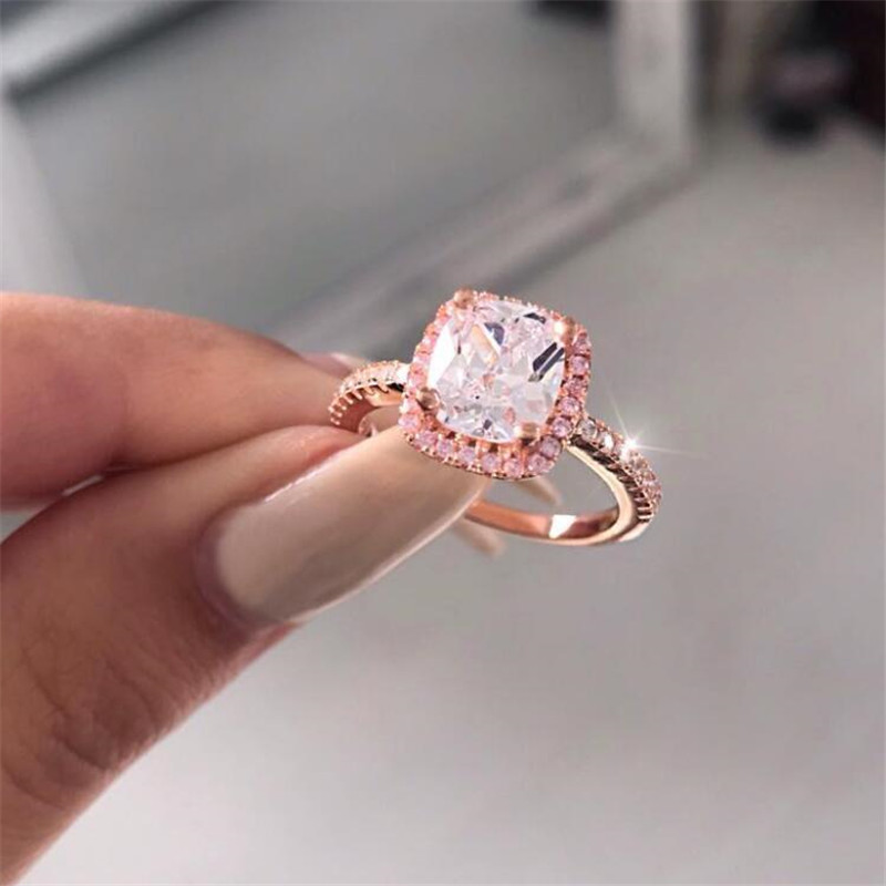 Ins Top Sell Simple Fashion Jewelry Real 925 Sterling Silver&Rose Gold Fill Cushion Shape White Topaz CZ Diamond Gemstones Eternity Women Wedding Brid