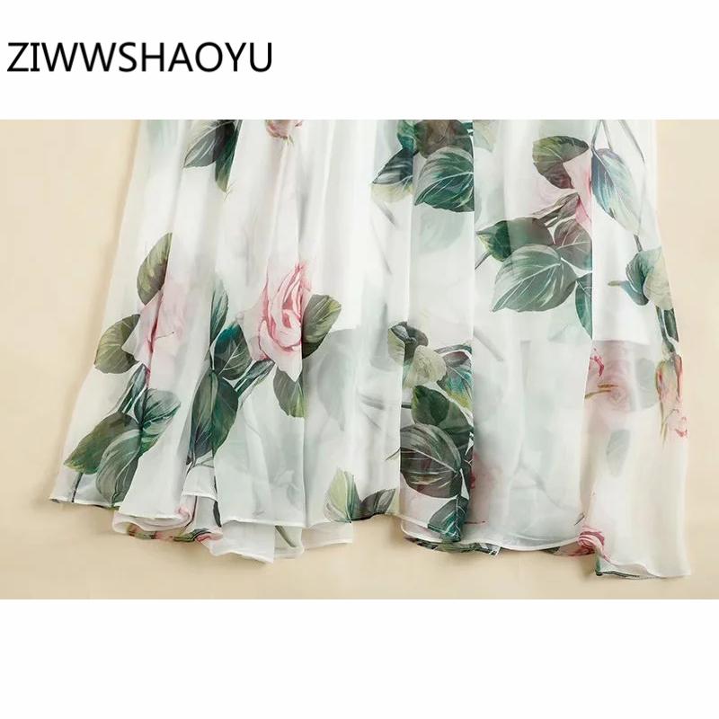 Female Summer Elegant Fashion Midi Dresses Runway Designer Women Bow Tie Floral Print High Waist Flowy Dress Casual