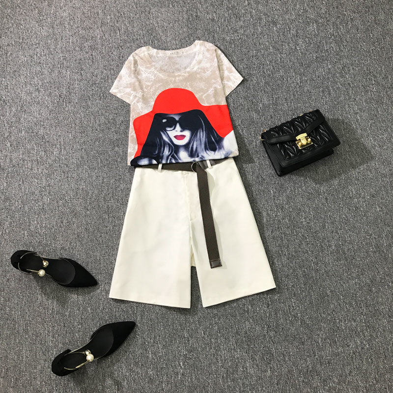 Women Summer Casual 2 piece set Vintage Print Ladies Short Sleeve Slim T-Shirt + Fashion Shorts Pants Suits Female 210506