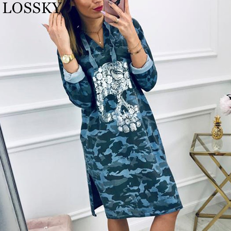 Autumn Winter Skull Camouflage Print Casual Loose Side Split Long Sleeve Hooded Camo Streetwear Hoodie Dress For Women Lady 210507