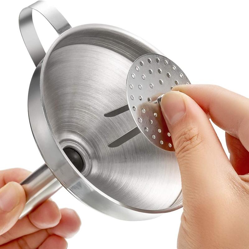 Stainless Steel Kitchen Funnels Set Of 4, With Metal Long Handle, Funnel Removable Strainer Filter Colanders & Strainers