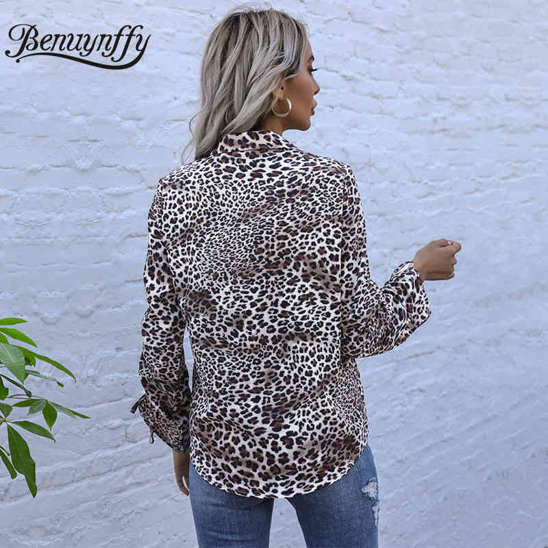 Turndown Collar Leopard Print Long Sleeve Shirt Women Spring Button Up Casual Ladies Tops and Blouses Style 210510