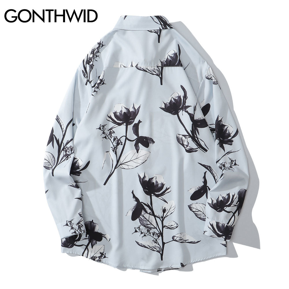 GONTHWID Hawaiian Beach Shirts Graffiti Flowers Print Long Sleeve Button Shirts Hip Hop Casual Harajuku Holiday Party Blouse 210410