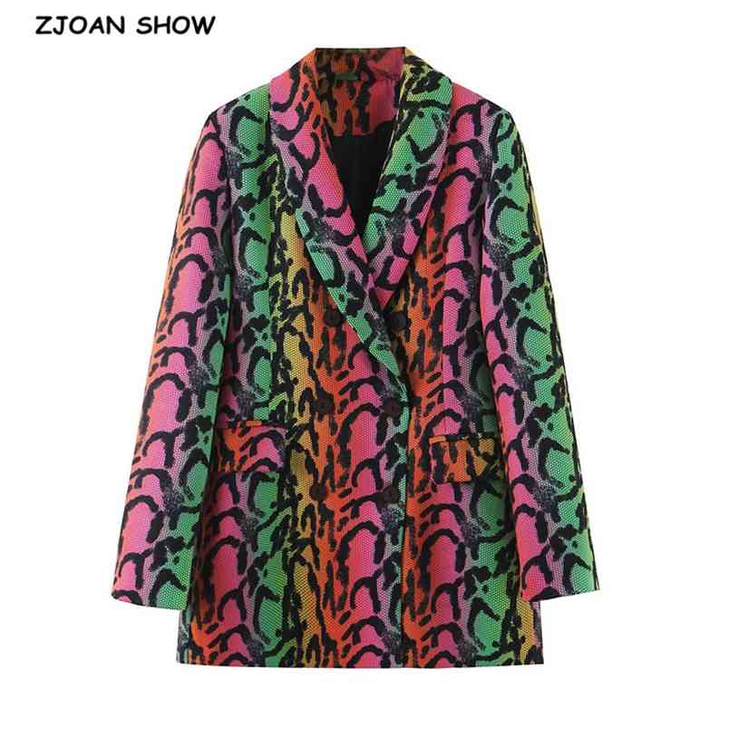 Spring Women Rainbow Pattern Print Hit Color Blazer Lapel Long Sleeve Loose Fit Jacket Fashion Tide 210429