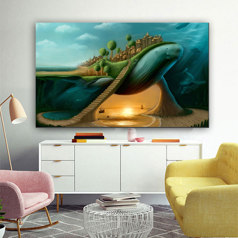 Hotselling Abstract Surrealism Whale And Castle Printed on Canvas Wall Art Picture Living Room Kid's Home Poster Cudros Decor