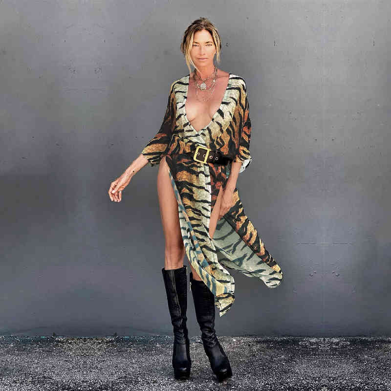 Yellow Sexy Tiger Striped Chiffon Bikini Cover-ups Plus Size Kimono Dress Summer Women Beach Wear Swim Suit Cover Up A866 210420