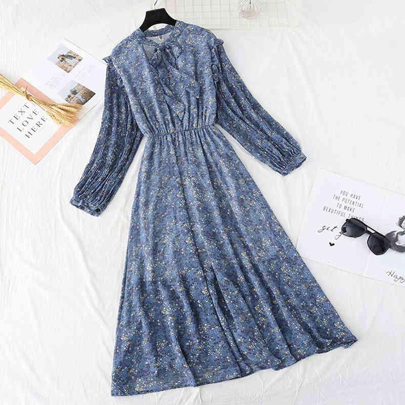 Elegant O-Neck Ruffles Women Dress Elastic Waist Print Chiffon Dress Spring Vintage Long Sleeve Bow Midi Dress Vestidos 210521