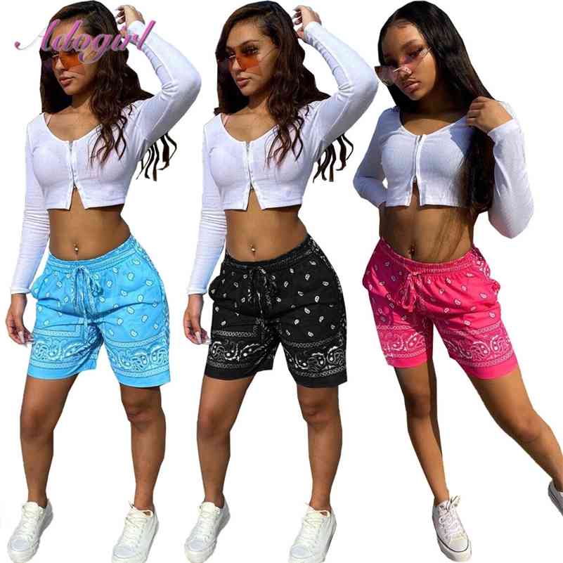 Women Shorts Causal Bandana Print High Waist Drawstring With Pocket Summer Shorts Sportwear Legging Outfit Streetwear Trousers 210625