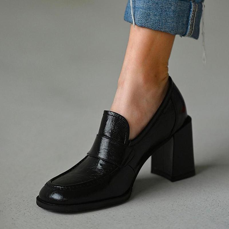 Dress Shoes Women's Mid Pumps Autumn Casual Loafers Pu Leather Chunky Heel Platform Fashion Square Toe Slip On Black Female Footwear