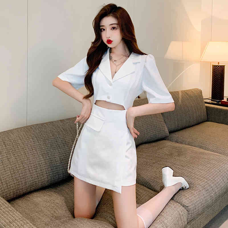 Sexy Hollow Out Casual Dress For Women Retro Notched Puff Sleeve High Waist Mini Dresses Female Fashion Clothing 210519