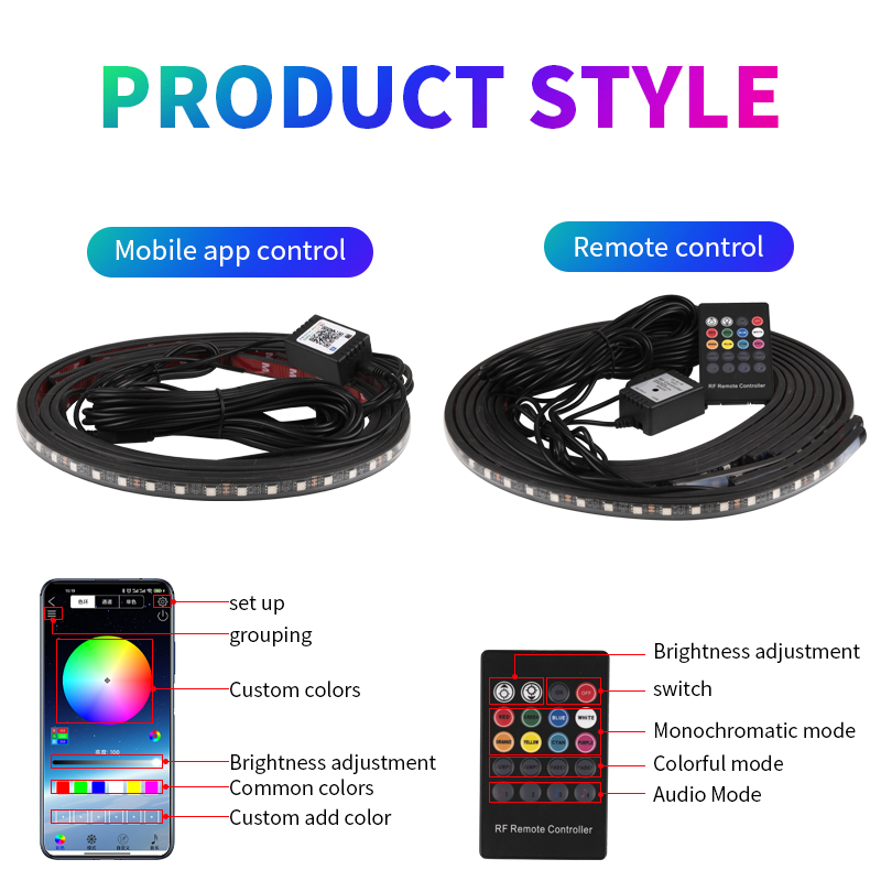 Car Underglow LED Light Strip Remote /APP RGB Waterproof Neon Underbody Ambient Lights Backlight Decorative Atmosphere Lamp 12V