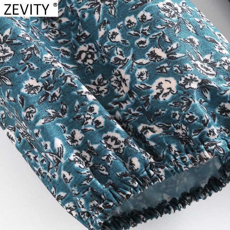 Zevity Women Vintage Cross V Neck Floral Print Ruffles Mini Dress Femme Long Sleeve Bow Tied Sashes Vestido Cloth DS4702 210603