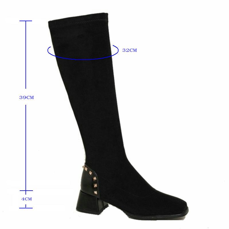 Boots Rivet Knee High Women Flock Stretch Autumn Winter Sock Ladies Fashion Square Toe Comfy Thick Heeled Shoes