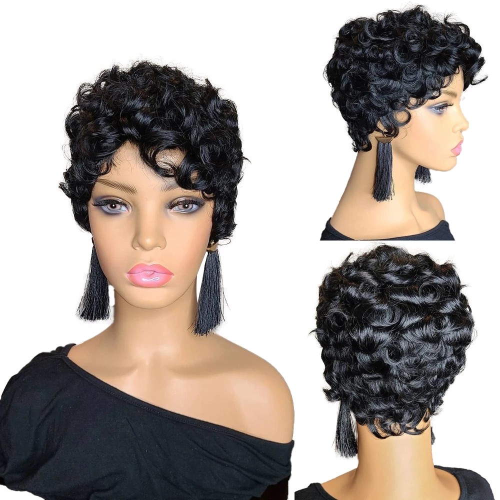 Short Bob Pixie Cut Brazilian Human Hair Wigs With Bangs For Woman Natural Color Curly No Lace Front Wig