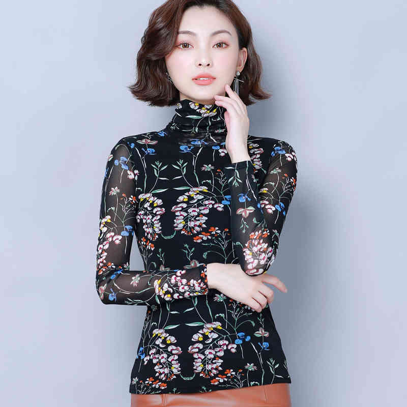 Autumn Fashion Women Thin Blouses Long Sleeve Turtleneck Tops Casual Printed Floral Clothing 6127 50 210506