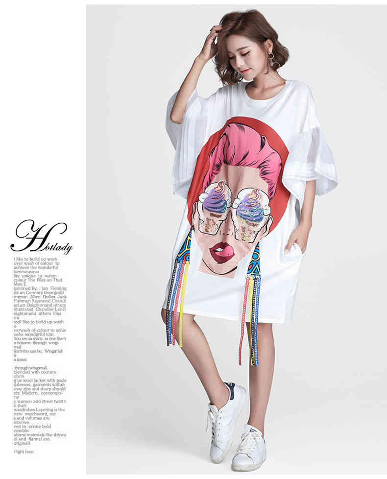High Quality Summer Women Cartoon Sequin Dress Girl Print es Loose Casual Tassel flare sleeve T Shirt 210519