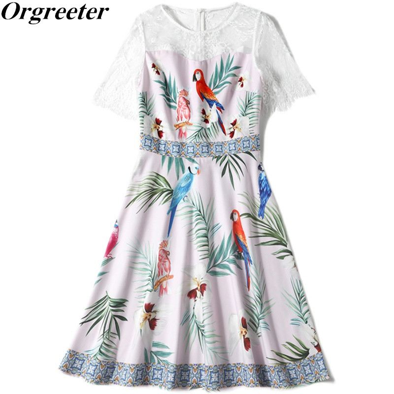 Summer Women's Perspective Lace Stitching Short Sleeve Floral Bird Print Pink Dress Fashion Slim A-line 210525
Summer Women's Perspective Lace Stitching Short Sleeve Floral Bird Print Pink Dress Fashion Slim A-line 210525