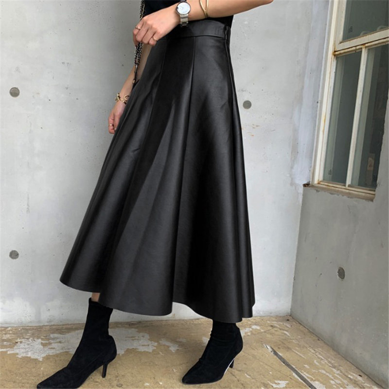 All Match Minimalist High Quality Chic Fashion PU Leather Winter Retro Slender Waist A-Line Long Flare-Skirts 210421