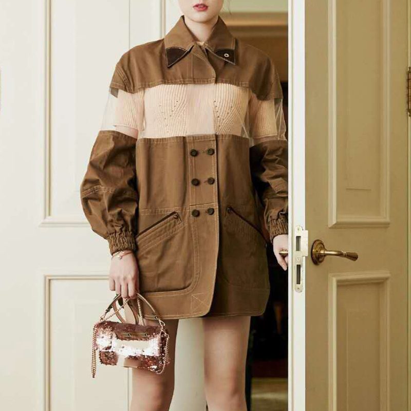 VGH Casual Hit Color Jacket For Women Lapel Long Sleeve Splicing Button Loose Jackets Female Fashion New Clothing Autumn 210421