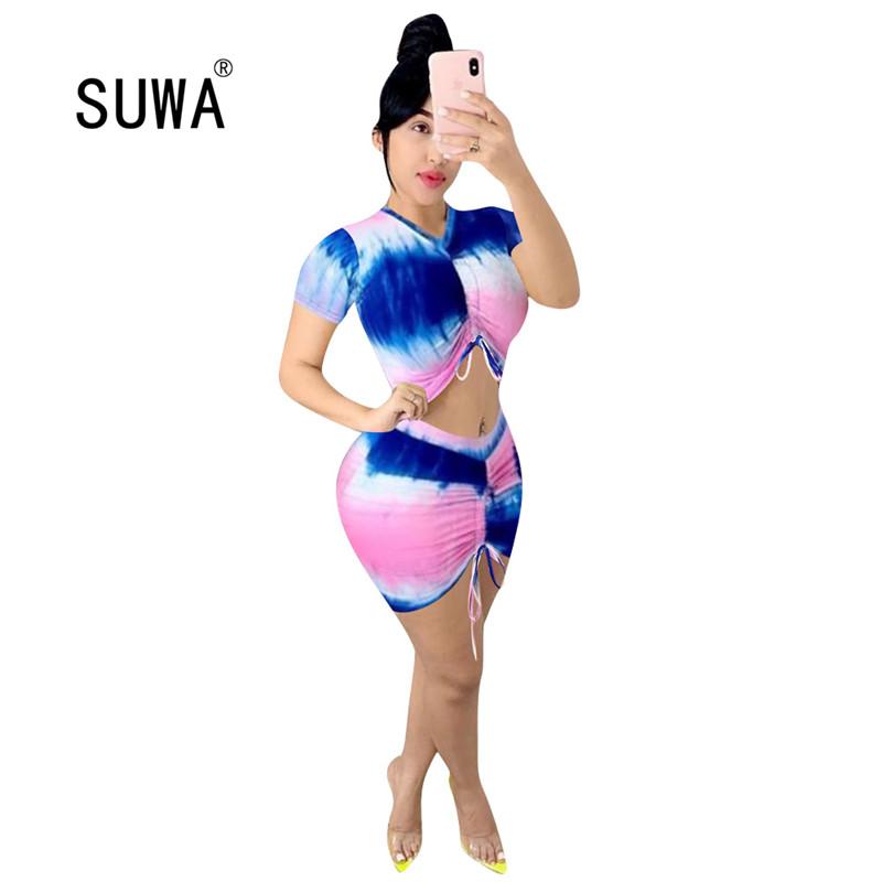 Summer Festival Clothes Women 2 Pieces Skirt Lounge Set Short Sleeve Tie Dye T Shirt Top + Bodycon Skirts Party Club Chic Suit Two Piece Dre