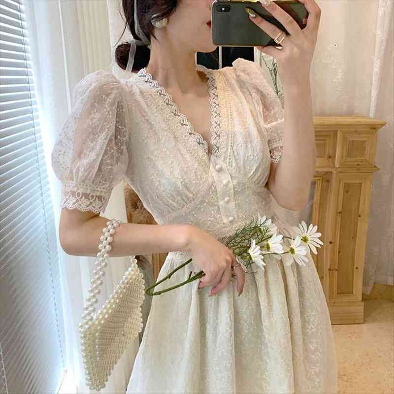 one piece korean womens dress v neck elegant vintage puff sleeve lace evening party females summer chic, Black;gray
one piece korean womens dress v neck elegant vintage puff sleeve lace evening party females summer chic, Black;gray