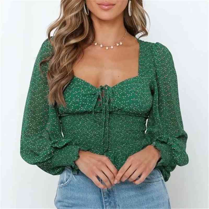 Elegant Women Dot Chiffon Shirts Fashion Ladies Square Collar Streetwear Female Chic Lantern Sleeve Blouses 210430