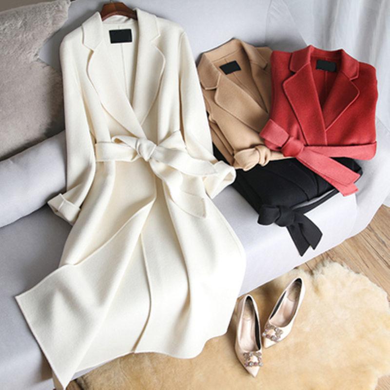 Women's Double-Sided Cashmere Wool Coat Long Sleeve Loose Elegant Winter Jacket With Belt Khaki B4