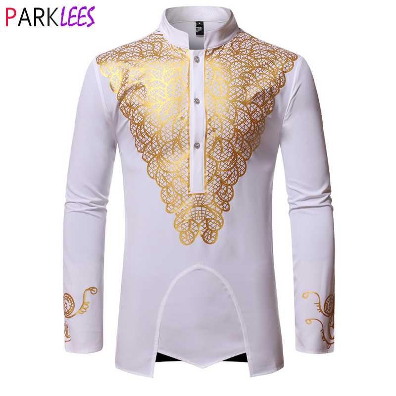 

Luxury Metallic Gold Print African Man Clothing Agbada Kaftan Attire White Wedding Mens Dress Shirts Nehru Collar Dashiki Shirt Men's Casual