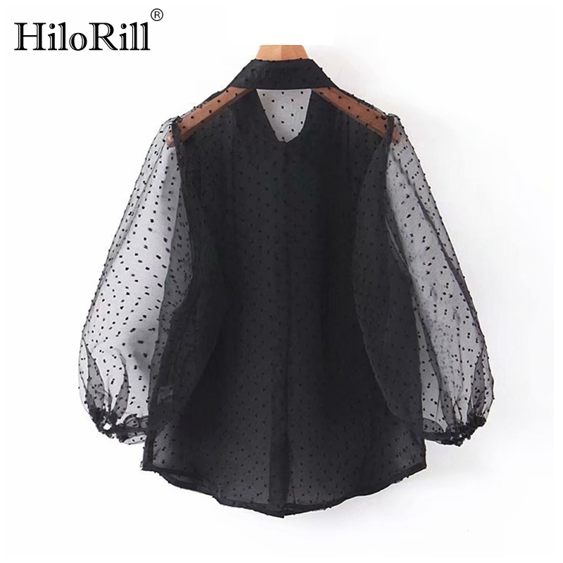 Dots Embroidery Women Organza Blouse Lantren Sleeve Black See Through Chic Top Casual Turn Down Collar Shirt Blusa 210508