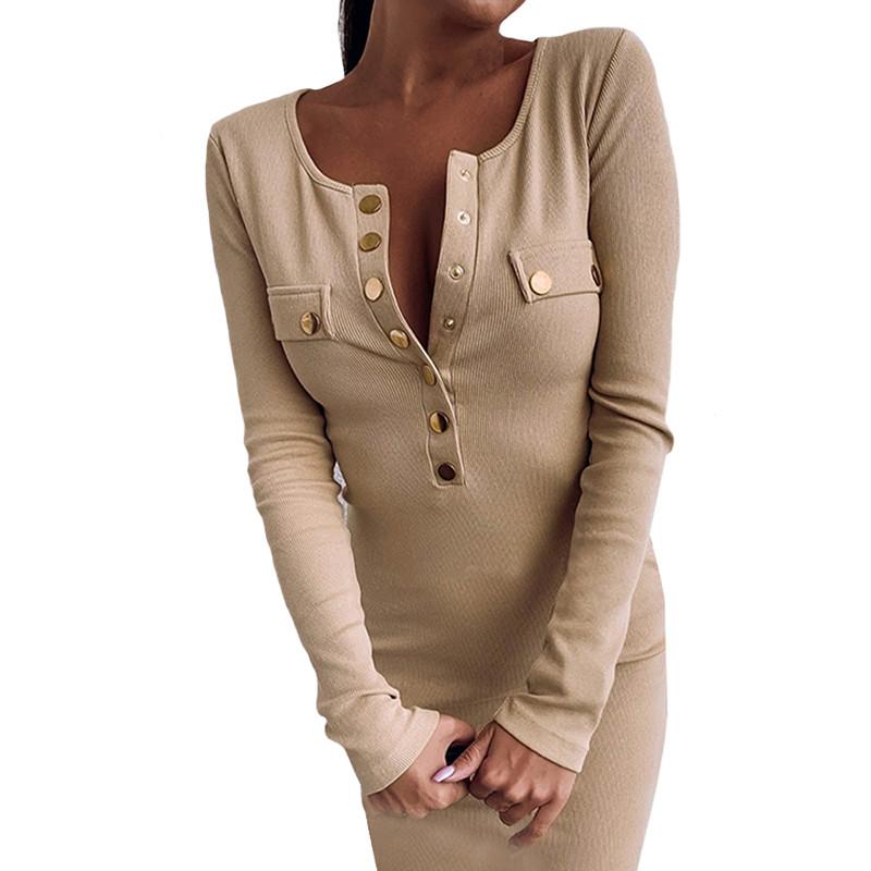 Women Ladies Buttons Solid Color Bandage Bodycon Mini Dress Sexy Stretch Vestidos Long Sleeve Pencil Party Club Clothing Outfits Casual Dres