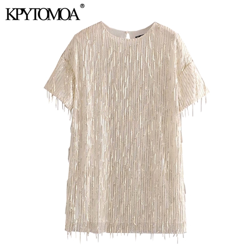 Women Chic Fashion Sequins Tassel Mini Dress O Neck Short Sleeve Female Dresses Vestidos Mujer 210420