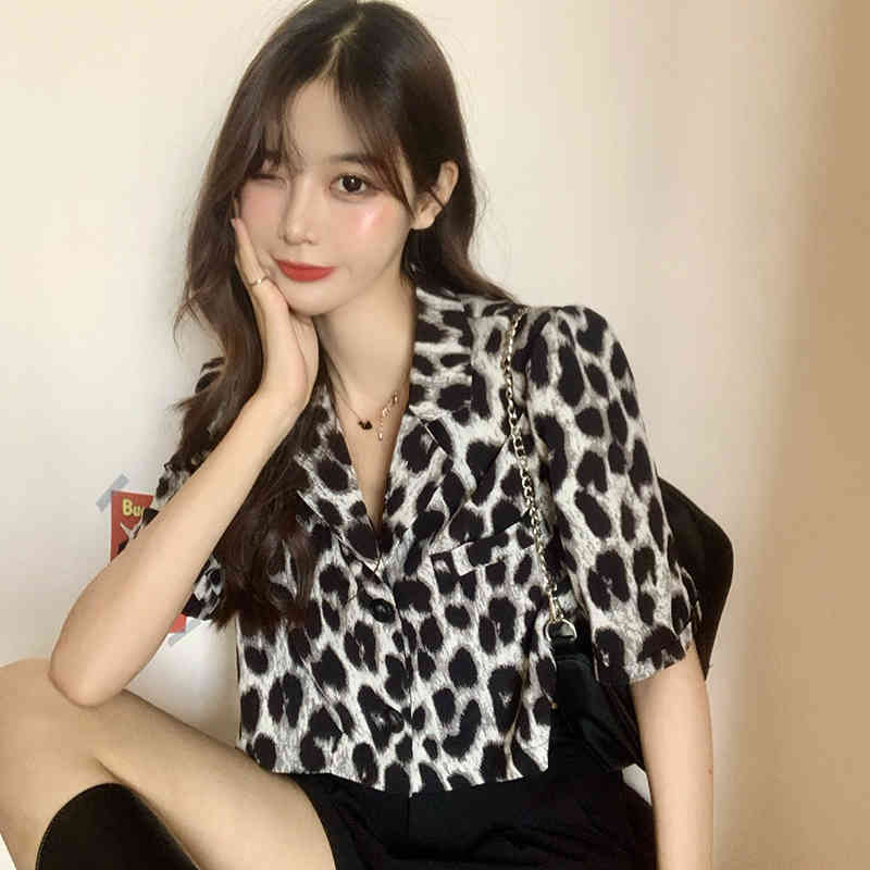 2style Vintage Notched Short Sleeve Leopard Blouse Women Fashion Camisas Mujer Casual Blusas Print Summer Tops 210429