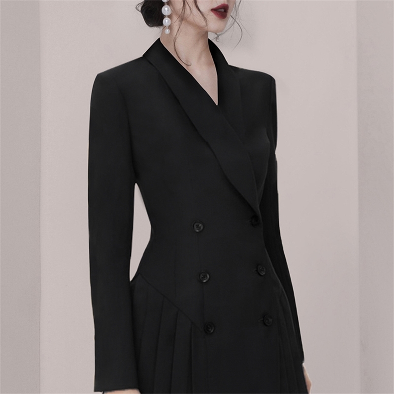 Double-breasted Notched Korea Dress Women Spring Black Pleated Dresses OL Slim Work Wear Vestidos 210520