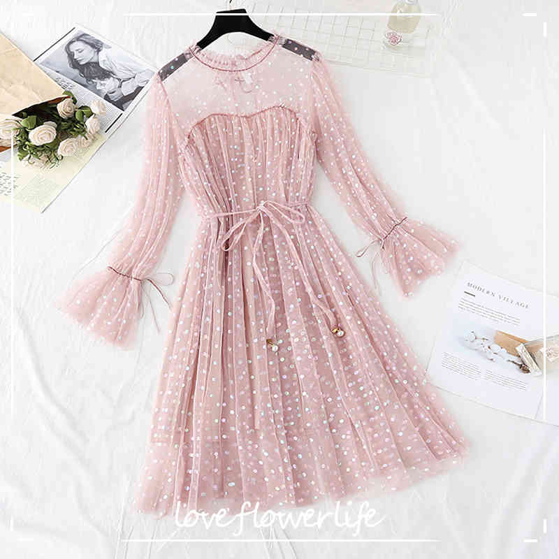 Sweet Polka Dot Lace Mesh Dress Women O Neck Long Sleeve Lace Hollow Out Sash Tie Up High Waist Fairy Pleated Dress 210521, Black 
Sweet Polka Dot Lace Mesh Dress Women O Neck Long Sleeve Lace Hollow Out Sash Tie Up High Waist Fairy Pleated Dress 210521, Black