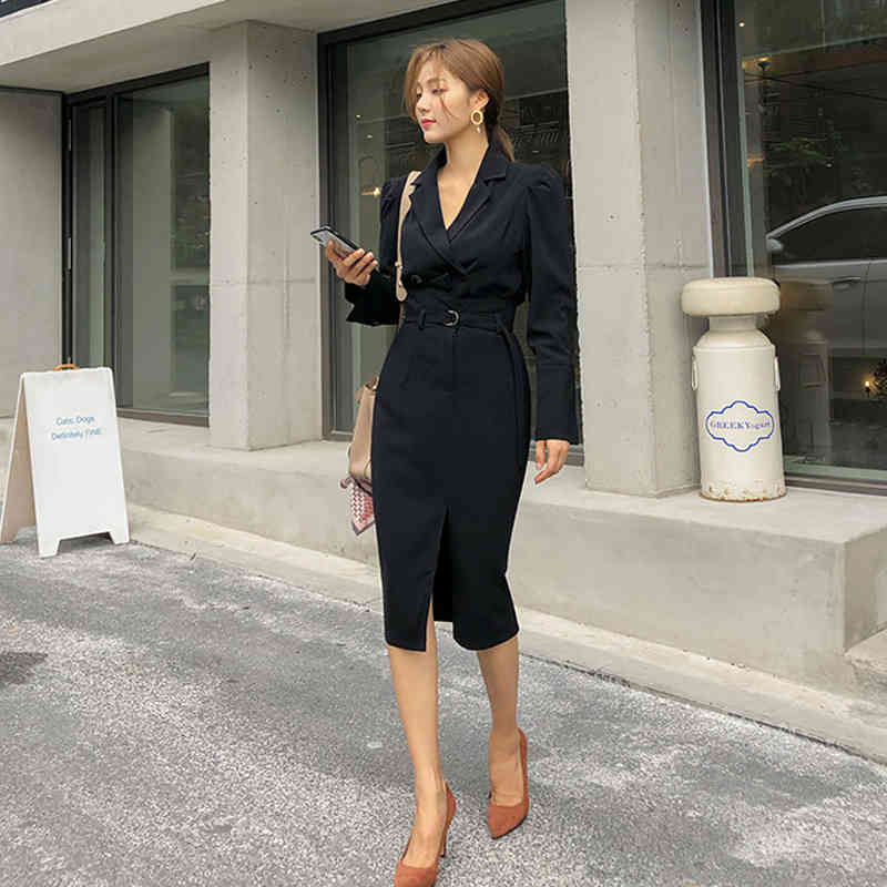 Office Ladies Two Pieces Set Turndown Collar Blouses + Sexy Front Split Female Autumn Winter Elegant Women Skirt Suit 210520