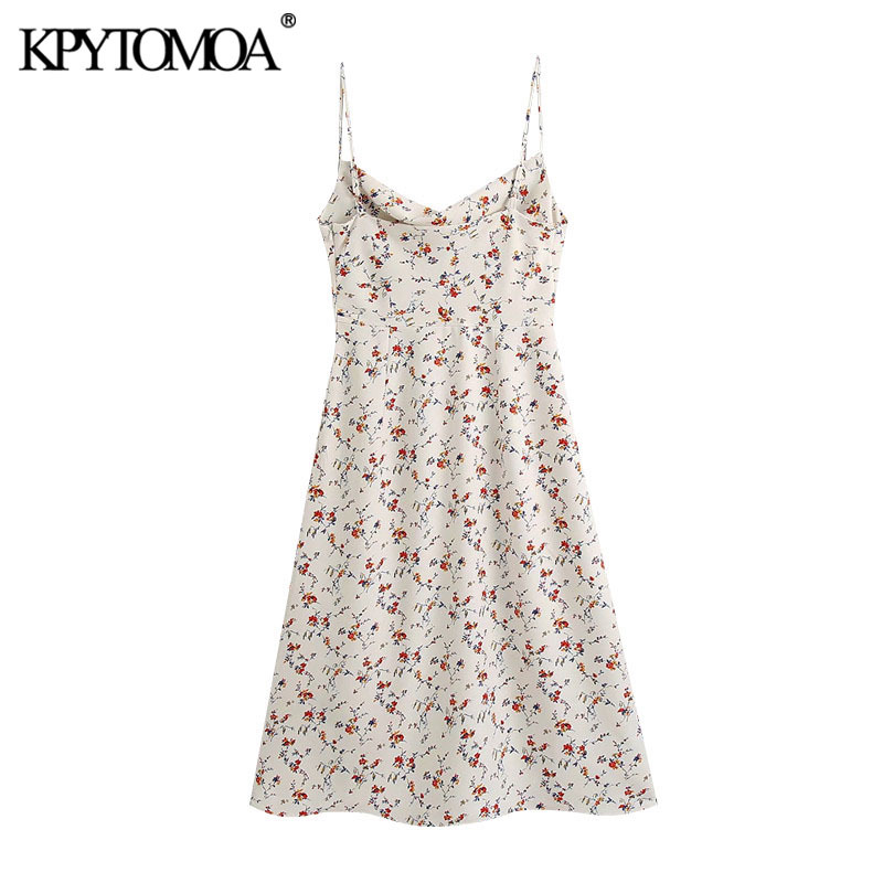 Women Chic Fashion Floral Print Midi Dress Backless Side Zipper Spaghetti Strap Female Dresses Vestidos 210420