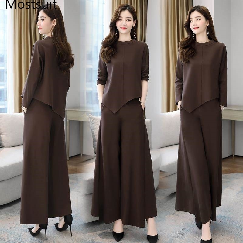 Fashion Elegant Two Piece Pants Sets Women Spring O-neck Tops + Wide Leg Outfits Casual Female Office Matching Set 210518, Brown
Fashion Elegant Two Piece Pants Sets Women Spring O-neck Tops + Wide Leg Outfits Casual Female Office Matching Set 210518, Brown