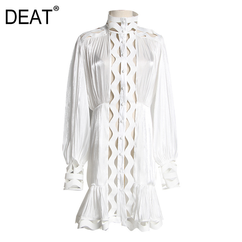 DEAT sumemr stand collar lantern full sleeves hollow out high waist white and black dress vacation tide WR44900L 210428