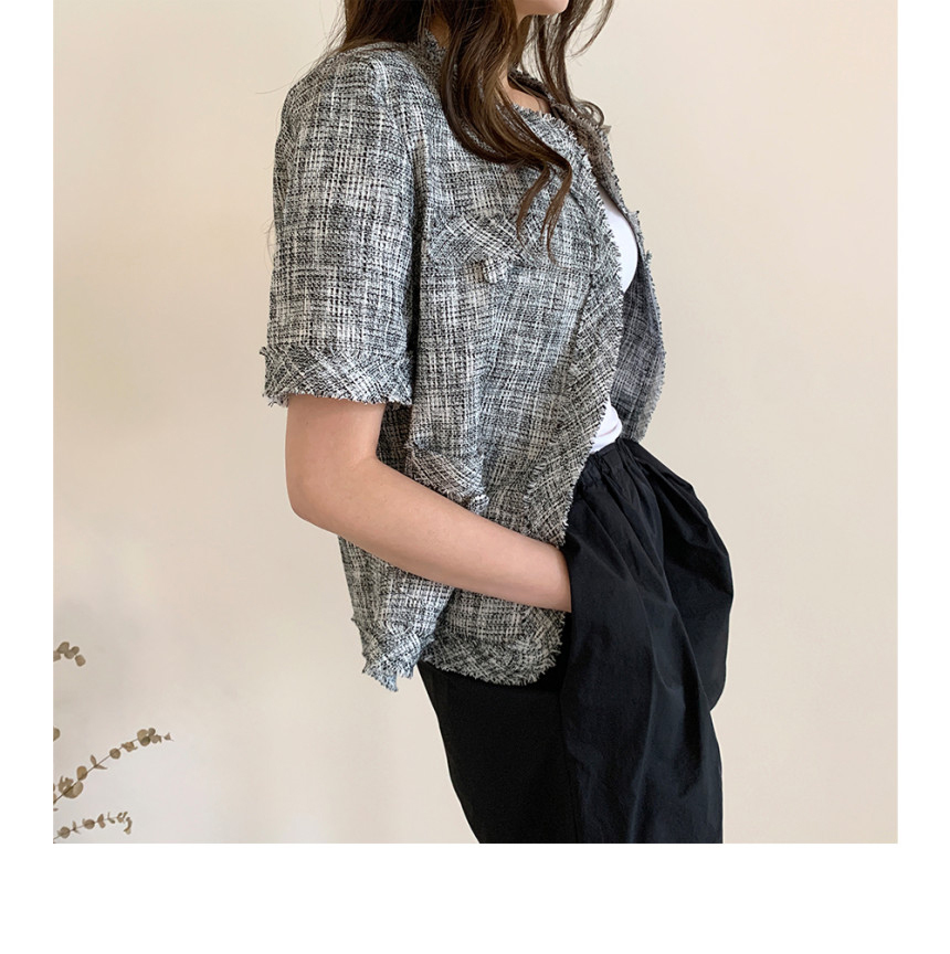 Summer Elegant Tweed Jacket Womens Vinatge Short Sleeve Korean Fashion Single-Breasted Casual Top Female 210519