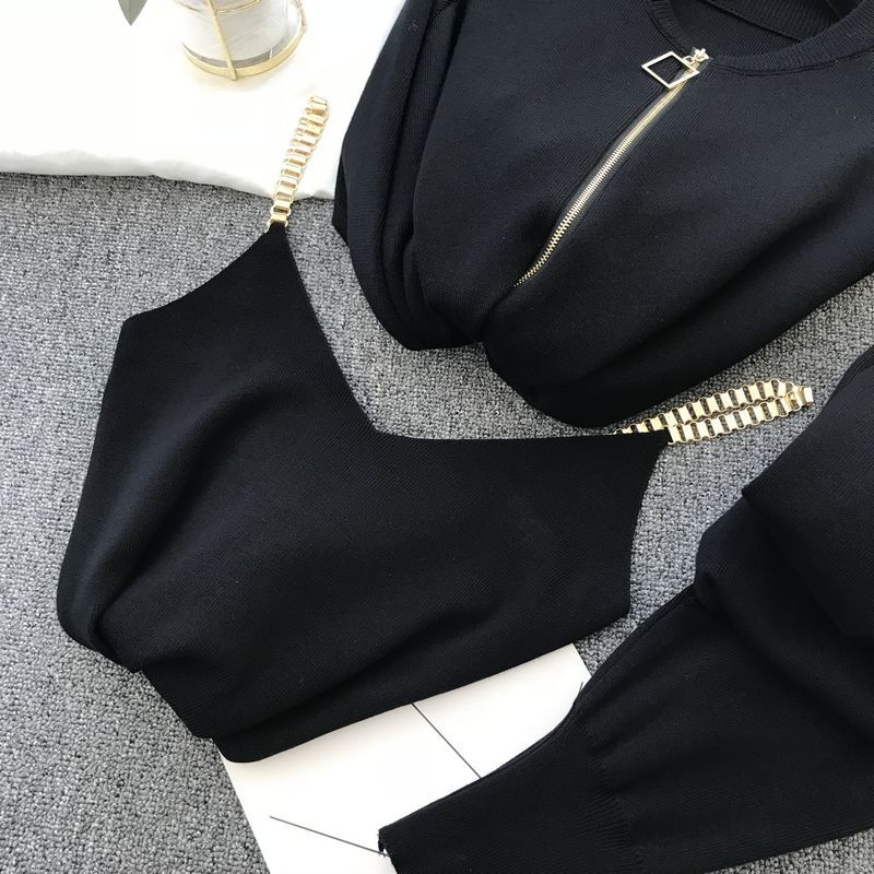 Autumn 3 Piece Suit Knitting Long Sleeve Zip Jacket Cardigans Tank Top Pants Women Fashion Solid Lounge Set Casual Tracksuit 210519