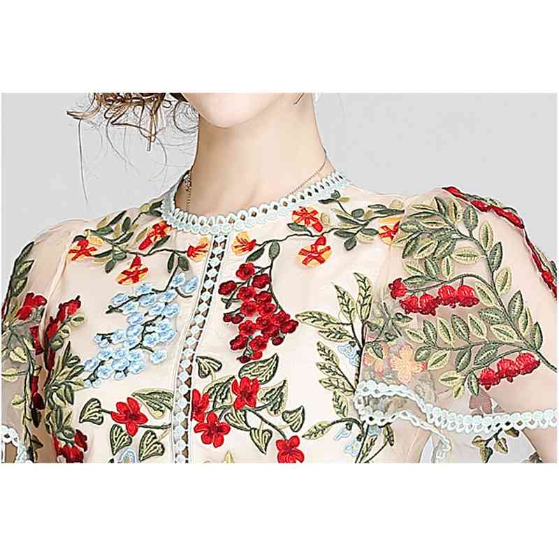 Fashion Runway Summer Dress Women's Flare Sleeve Floral Embroidery Elegant Mesh Hollow Out Mini Dresses Vestidos 210520