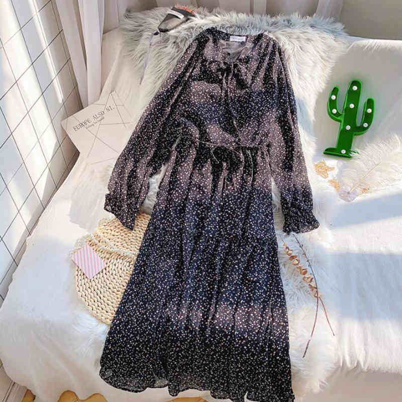 Spring Sweet Bow Collar Floral Print Chiffon Dress Women Elegant A Line Midi Dress Korean Fashion Long Sleeve Dress Vestido 210521